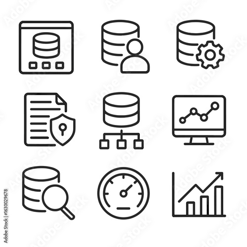 Database Management Icons. Outline icon set of database management: admin panel, user roles, permission settings, audit log, data