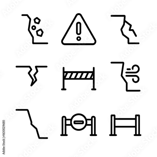 Cliffside Danger Icons. Outline icon set of cliffside dangers: falling rocks, warning sign, cracked edge, unstable ground, danger
