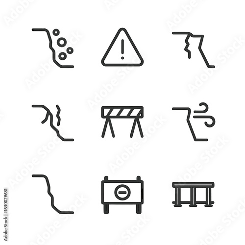 Cliffside Danger Icons. Outline icon set of cliffside dangers: falling rocks, warning sign, cracked edge, unstable ground, danger