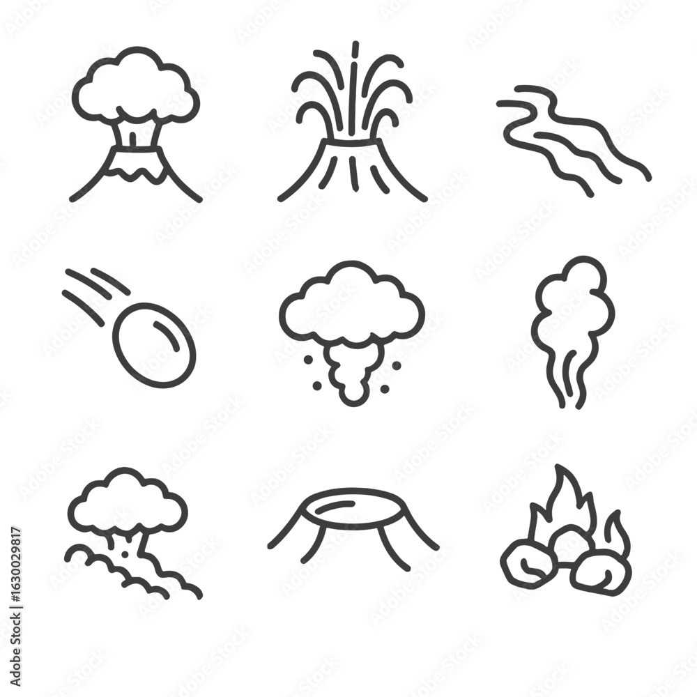 Obraz premium Volcanic Activity Icons. Outline icon set of volcanic activity signs: eruption cloud, lava fountain, magma flow, volcanic bomb,