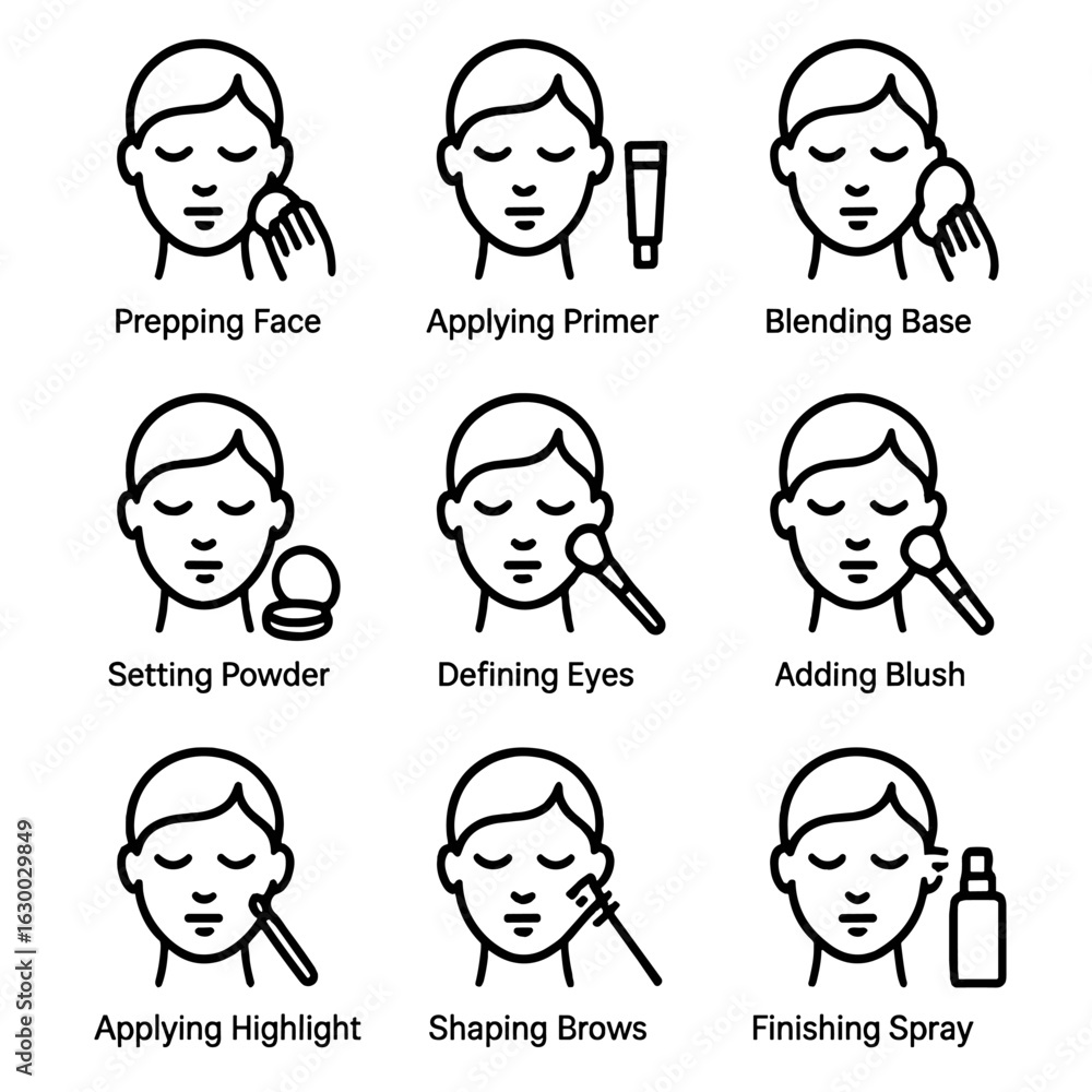 Fototapeta premium Makeup and Hair Icons. Outline icon set of makeup by steps: prepping face, applying primer, blending base, setting powder,