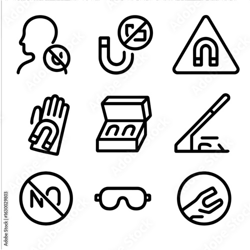 Magnet Safety Icons. Outline icon set of magnet safety and handling: no pacemaker icon, keep away from electronics, magnetic