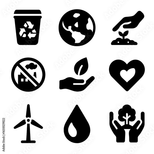 Eco Awareness Icons. Solid, filled icons set of environmental awareness in art therapy: recycling bin, earth