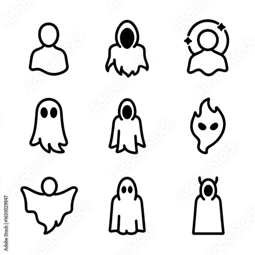 Void Beings Icons. Outline icon set of void beings: void entity, shadow wraith, cosmic spirit, abyssal ghost, dark apparition,