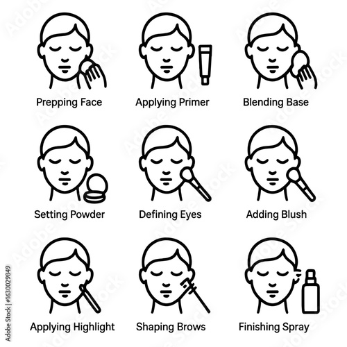 Makeup and Hair Icons. Outline icon set of makeup by steps: prepping face, applying primer, blending base, setting powder,