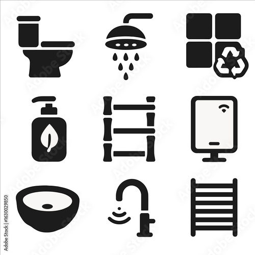 Eco Bathroom Icons. Solid, filled icons set of eco-friendly bathroom upgrades: water-saving toilet, low-flow