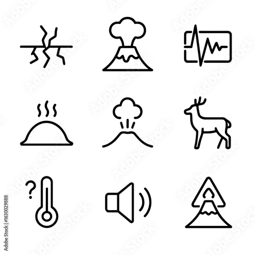 Volcanic Warning Icons. Outline icon set of volcanic eruption warning signs: ground cracks, smoke emission, seismic activity,