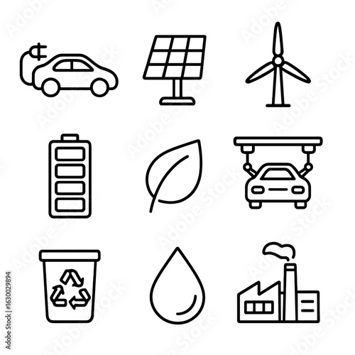 Eco Car Icon Set. Outline icon set of eco-friendly car manufacturing: electric car, solar panel, wind turbine,