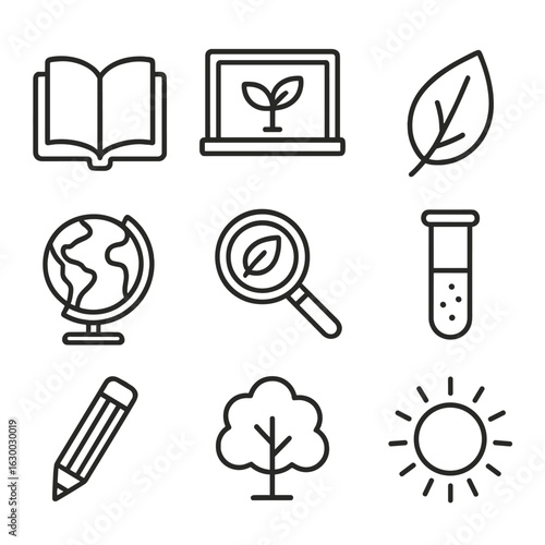 Eco Education Icons. Outline icon set of environmental education: book, chalkboard, leaf, globe, magnifying