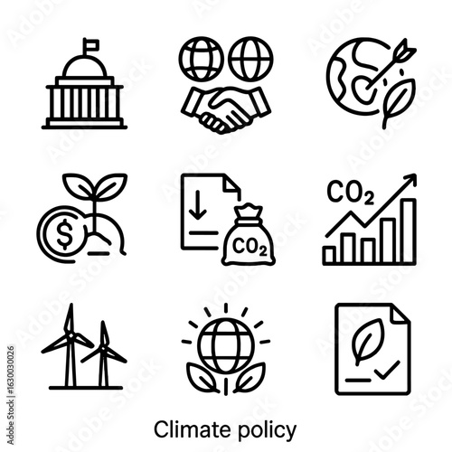Climate Policy Icons. Outline icon set of climate policy: government, international treaty, sustainability goals, climate finance,