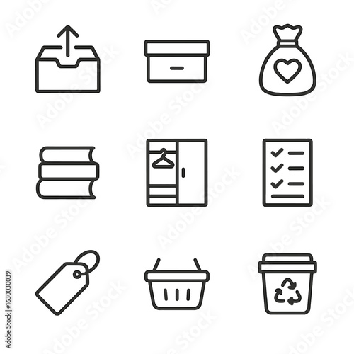 Decluttering Icon Set. Outline icon set of decluttering: sorting box, drawer, donation bag, stacked books, clean closet, checklist