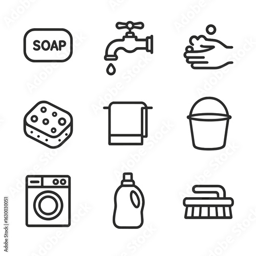 Wash Essentials Icons. Outline icon set of wash essentials: soap bar, water faucet, hand washing, sponge, towel, bucket, washing