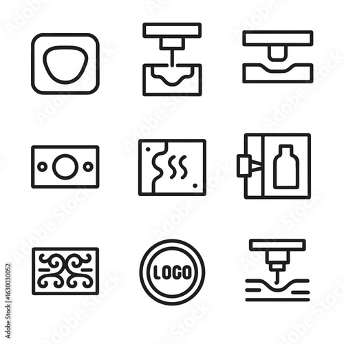 Manufacturing Icon Set. Outline icon set of indentation in manufacturing and industry: mold cavity, die cutting, press forming,