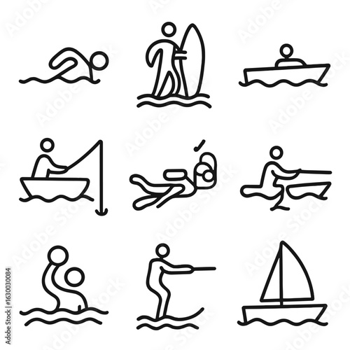 Water Activities Icons. Outline icon set of water activities: swimming, surfing, boating, fishing, diving, kayaking, water polo,