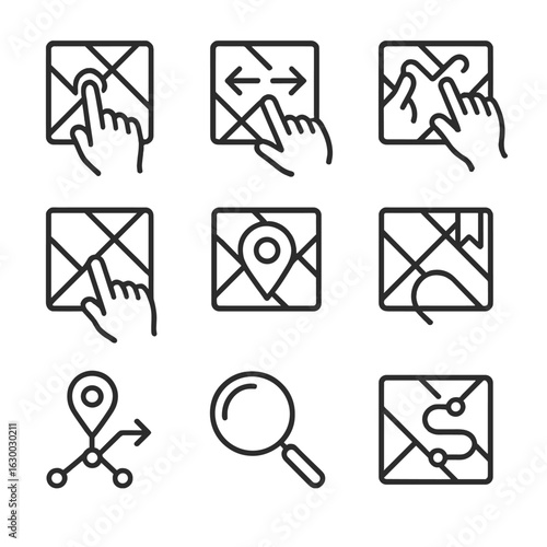 Map Interaction Icons. Outline icon set of user interactions on maps: tap, swipe, pinch zoom, drag map, drop pin, save location,