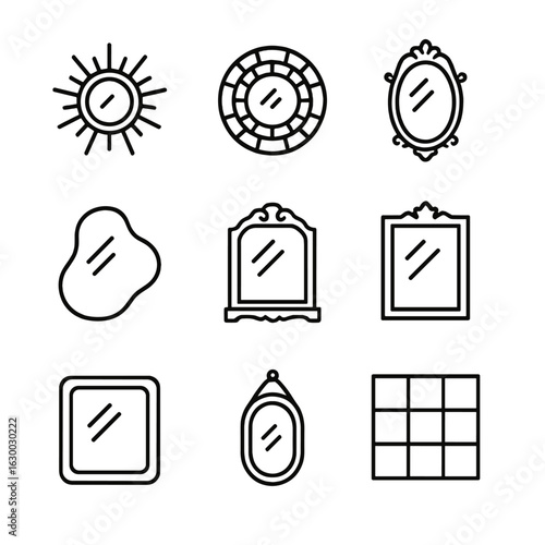 Decorative Mirrors Icon Set. Outline icon set of decorative mirrors: sunburst mirror, mosaic mirror, vintage ornate mirror,