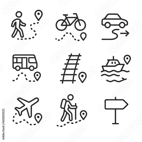 Map Route Icons. Outline icon set of map routes and paths: walking path, cycling route, driving direction, bus line, train tracks,
