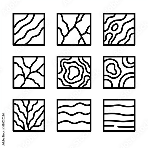 Marble Icon Set. Outline icon set of marble types: carrara, calacatta, statuario, arabescato, onyx, nero marquina, verde alpi,