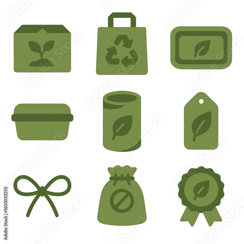 Eco Packaging Icons. Solid, filled icons set of eco-friendly packaging: biodegradable box, recycled paper bag,