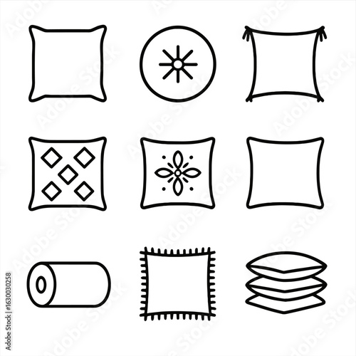 Decorative Pillow Icons. Outline icon set of decorative pillows: square throw pillow, round accent pillow, tasseled corner pillow,