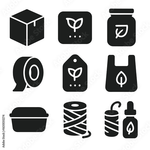 Eco Packaging Icons. Solid, filled icons set of eco packaging concepts: cardboard box, biodegradable wrap,