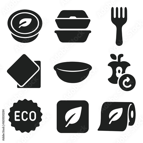 Eco Packaging Icons. Solid, filled icons set of compostable food packaging: plant-based lid, sugarcane