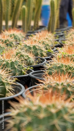 Close-up of potted cacti with sharp spines in a garden center.