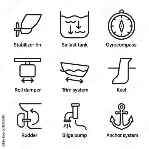 Marine Stabilization Icons. Outline icon set of stabilization in marine vessels: stabilizer fin, ballast tank, gyrocompass, roll