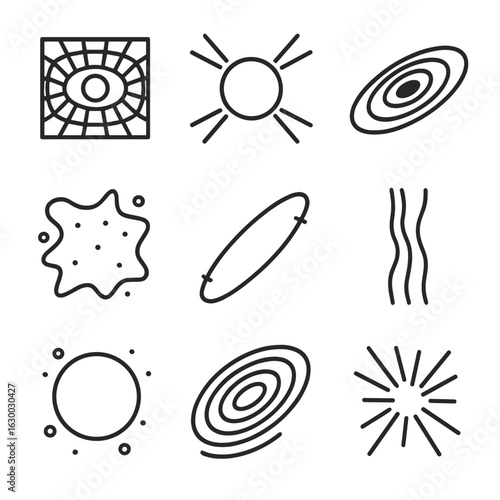 Deep Space Icons. Outline icon set of deep space anomalies: gravitational lens, pulsar beacon, black hole accretion disk, fast