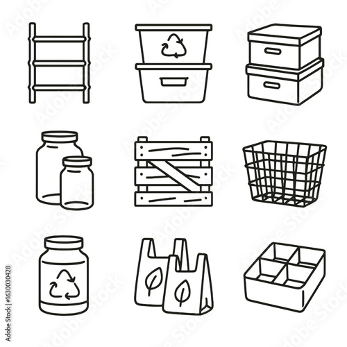 Eco Storage Icon Set. Outline icon set of eco-friendly storage options: bamboo shelves, recycled plastic bins,