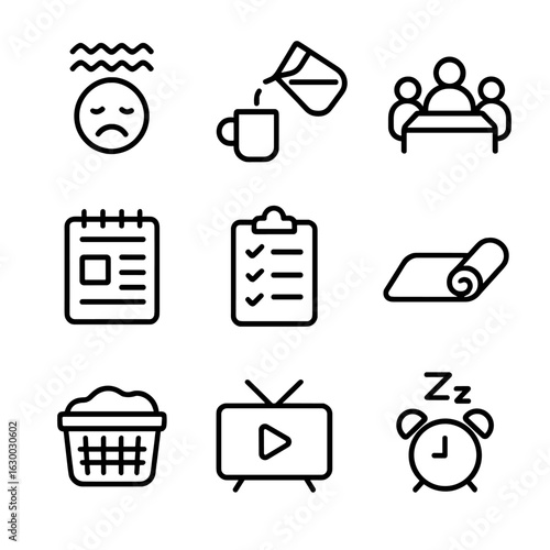 Weekly Routine Icons. Outline icon set of weekly routine: Monday blues icon, coffee refill, team meeting, daily planner, grocery