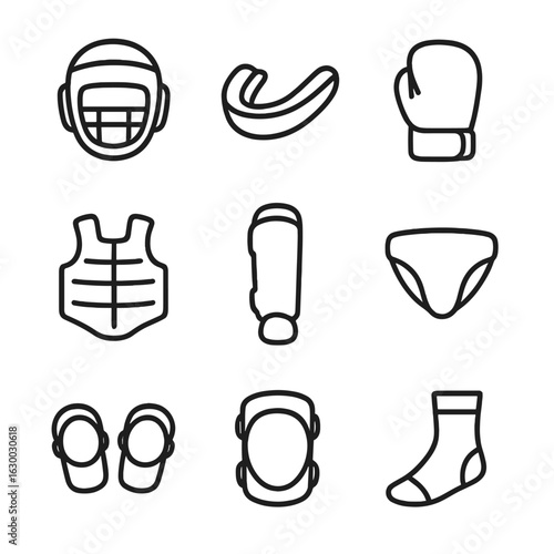 Martial Arts Gear Icons. Outline icon set of martial arts safety gear: helmet, mouthguard, gloves, chest protector, shin guard,