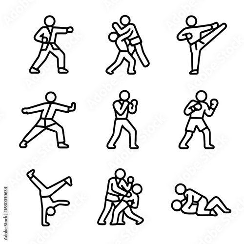 Martial Arts Icon Set. Outline icon set of martial arts styles: karate, judo, taekwondo, kung fu, muay thai, boxing, capoeira,