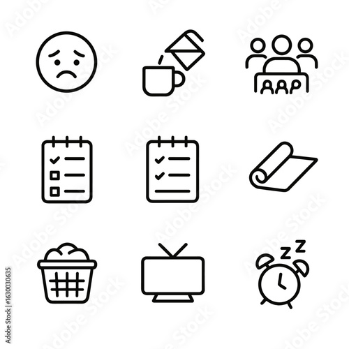 Weekly Routine Icons. Outline icon set of weekly routine: Monday blues icon, coffee refill, team meeting, daily planner, grocery