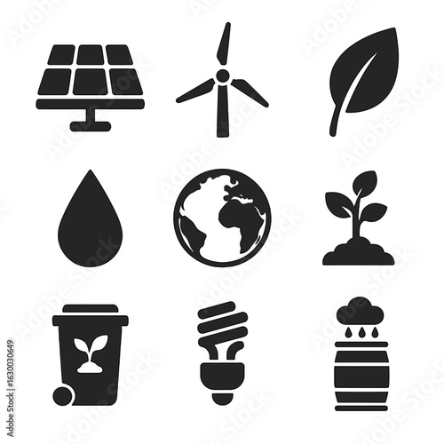 Eco-Friendly Icon Set. Solid, filled icons set of eco-friendly design elements: solar panel, wind turbine,