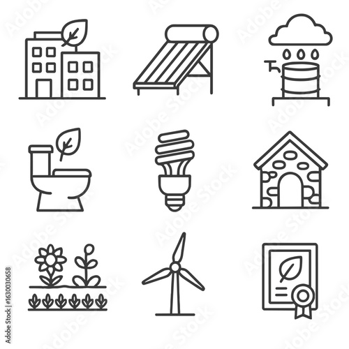 Eco-Friendly Accommodation Icons. Outline icon set of Eco-friendly Accommodations: green hotel, solar water