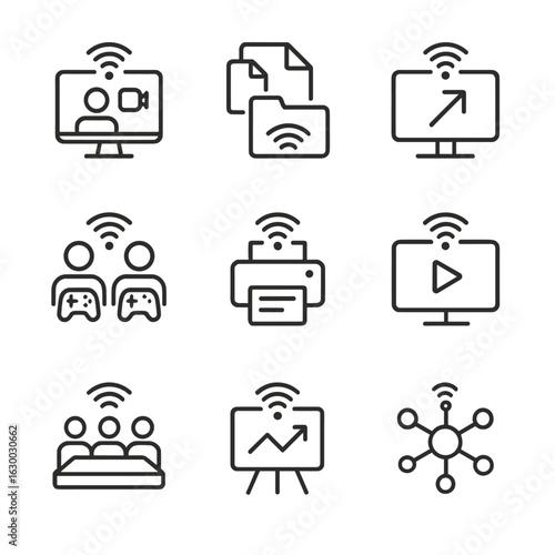 Wi-Fi Collaboration Features. Outline icon set of Wi-Fi collaboration features: video conference Wi-Fi, file sharing Wi-Fi, screen