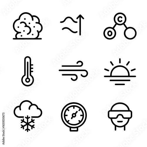 Martian Atmosphere and Mission Essentials. Outline icon set of Martian atmosphere and climate: dust storm, thin air symbol, CO₂