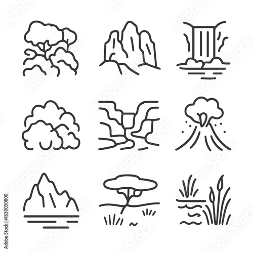 Wild Nature Icon Set. Outline icon set of wild landscapes: jungle canopy, rugged cliffs, waterfall, dense bushes, rocky canyon,