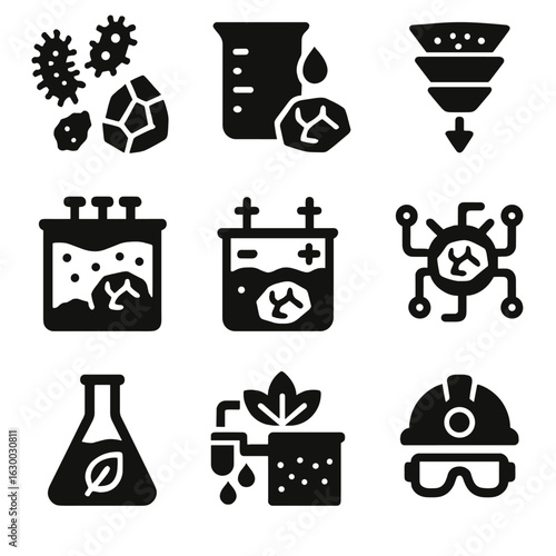 Eco-Friendly Gold Extraction Icons. Solid, filled icons set of eco-conscious gold extraction: microbial mining