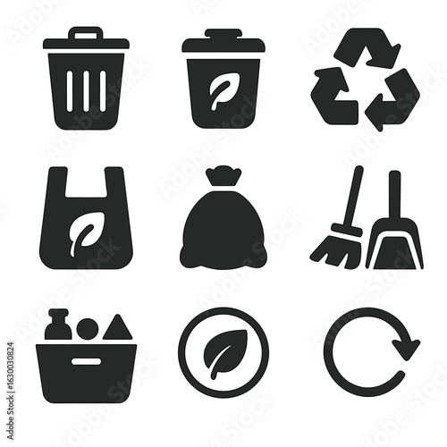 Eco-Friendly Icons Grid. Solid, filled icons set of lint disposal and recycling: trash bin, compost bin,