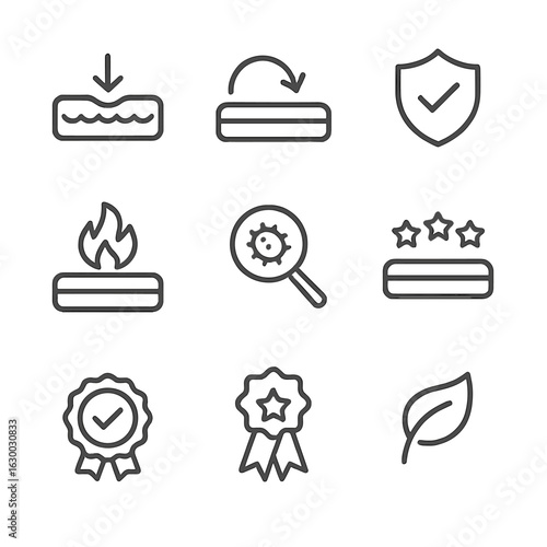 Mattress Testing Icons. Outline icon set of mattress testing and certification: pressure test, durability test, safety