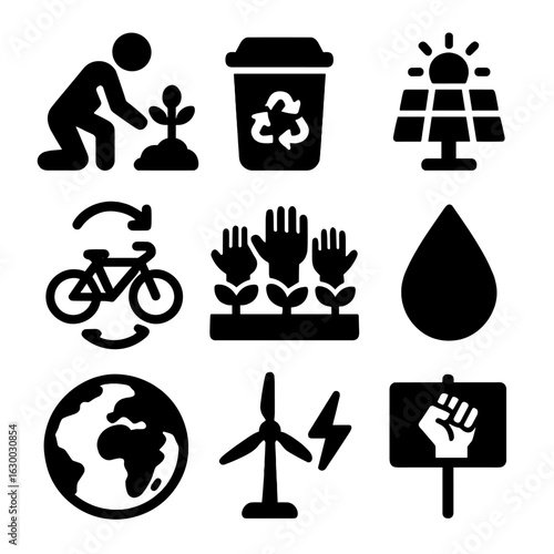 Eco-Friendly Icon Grid. Solid, filled icons set of environmental community action: tree planting, recycling