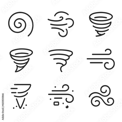 Wind Icon Set. Outline icon set of swirling wind: vortex, whirlwind, cyclone, tornado, funnel cloud, gust, dust devil, debris