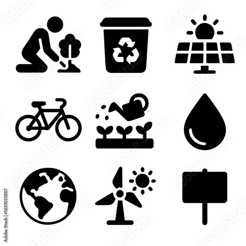 Eco-Friendly Icon Grid. Solid, filled icons set of environmental community action: tree planting, recycling
