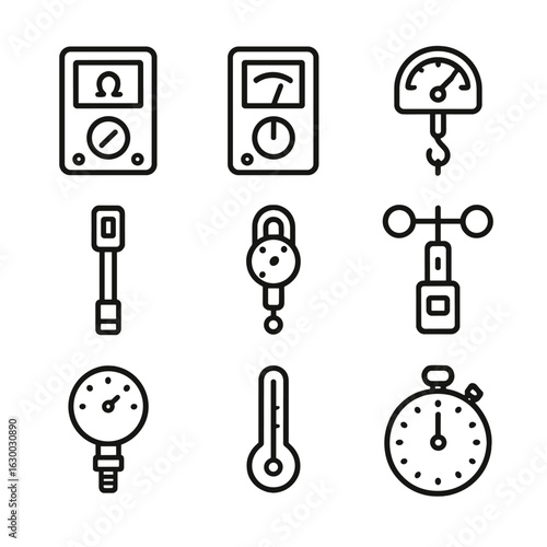 Measurement Tool Icons. Outline icon set of resistance measurement tools: ohmmeter, multimeter, dynamometer, torque wrench, force