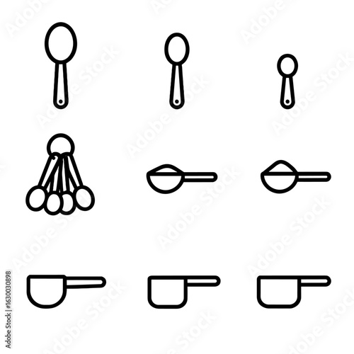 Outline Measuring Spoons. Outline icon set of measuring spoons: tablespoon, teaspoon, half tablespoon, quarter teaspoon, set of