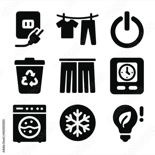 Eco-Friendly Habit Icons. Solid, filled icons set of eco-conscious household habits: unplugged appliance,