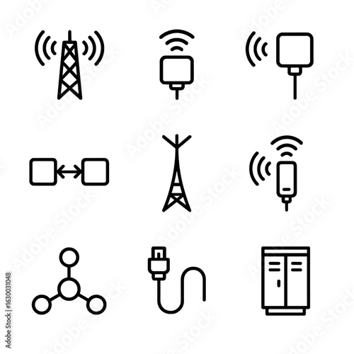 Wireless Icons Grid. Outline icon set of wireless infrastructure: cell tower, small cell node, access point on wall, backhaul link
