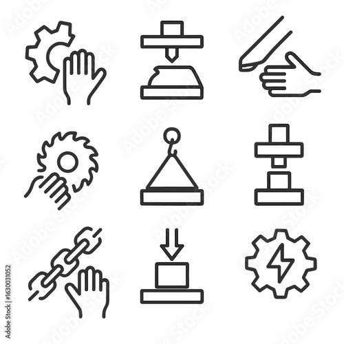 Mechanical Danger Icons. Outline icon set of mechanical dangers: broken gear, crushing machine, sharp blade, rotating saw, heavy